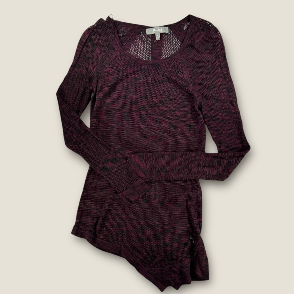 Women's Long Sleeve‎ purple and black mesh top asymmetrical, hem size medium